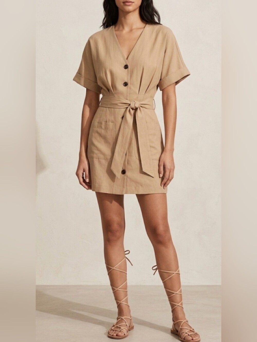 Zara Light Camel Button-up Dress with pockets & removable belt / Sz XS  / Tan